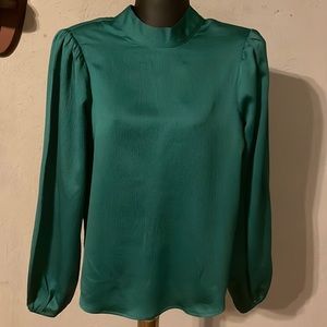Small Express green mock neck long sleeve button back peep hole blouse top